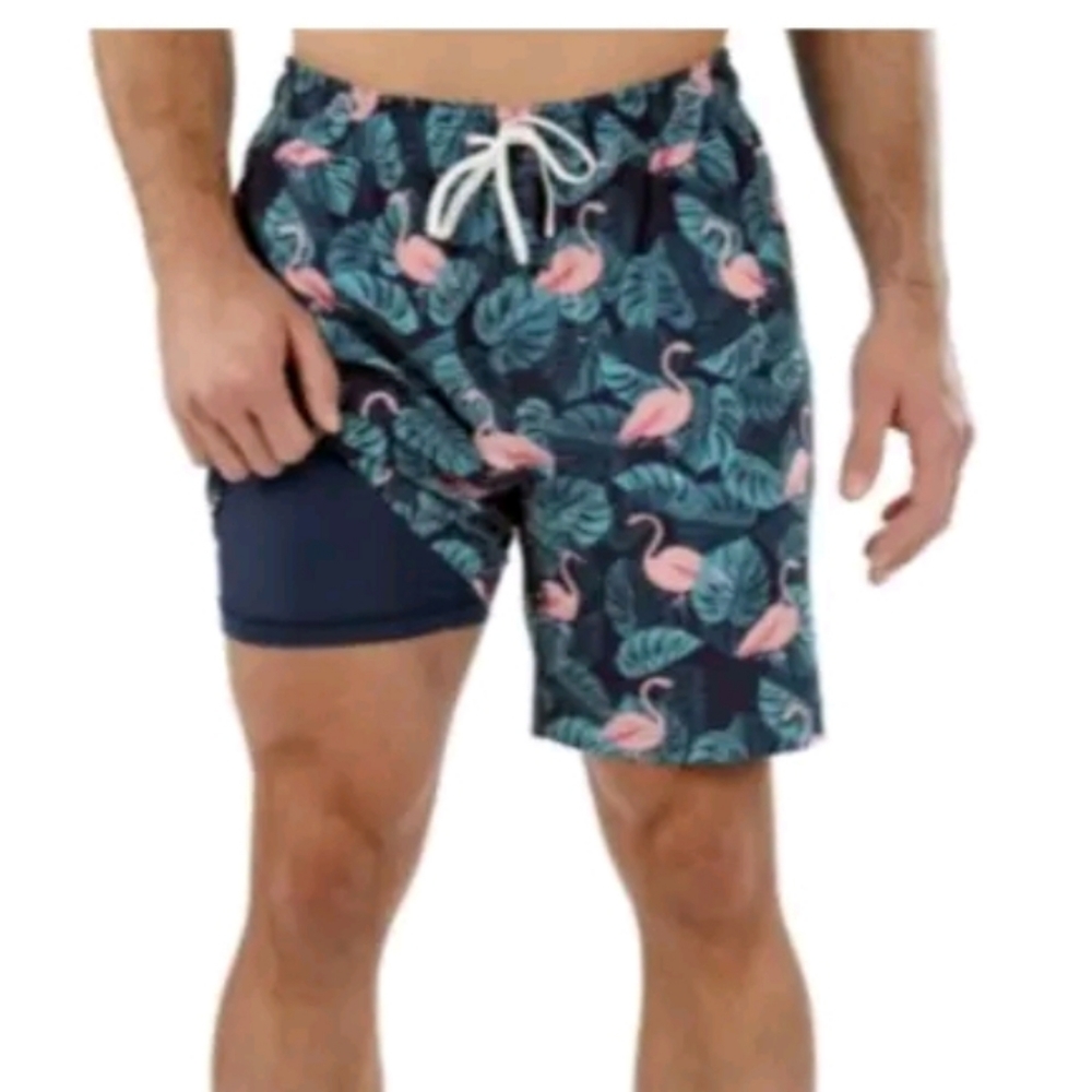 MEMBER'S MARK Resort MEN'S XX LARGE SWIM TRUNKS, BLUE/FLAMINGOS